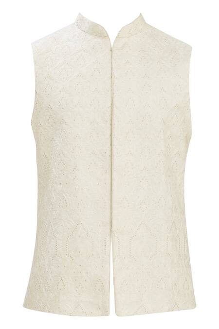 Buy_Vanshik_Beige Bundi Satin Kurta And Churidar Blended Silk Floral Jaal & Set _Online_at_Aza_Fashions