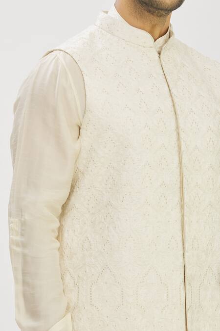 Shop_Vanshik_Beige Bundi Satin Kurta And Churidar Blended Silk Floral Jaal & Set _Online_at_Aza_Fashions