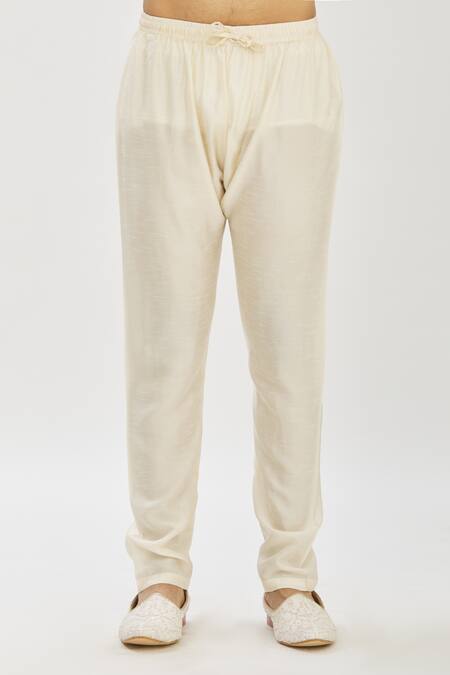 Vanshik_Beige Bundi Satin Kurta And Churidar Blended Silk Floral Jaal & Set _at_Aza_Fashions