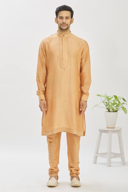 Vanshik_Gold Blended Silk Pashmina Bundi And Kurta Set_Online_at_Aza_Fashions