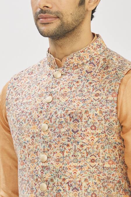 Shop_Vanshik_Gold Blended Silk Pashmina Bundi And Kurta Set_Online_at_Aza_Fashions