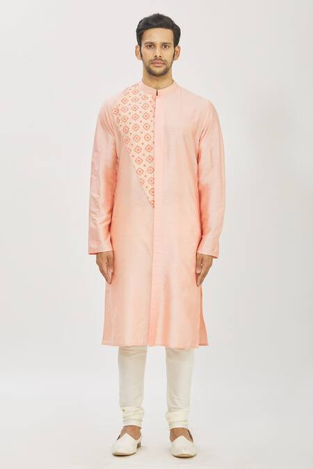 Priyanka Haralalka_Pink Banarasi Cotton Silk Kantha Work Embroidered Kurta And Churidar Pant Set _Online_at_Aza_Fashions