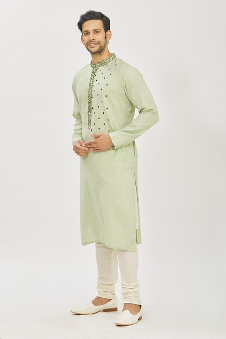 Priyanka Haralalka_Green Cotton Satin Cord Work Embroidered Kurta And Churidar Pant Set _Online_at_Aza_Fashions
