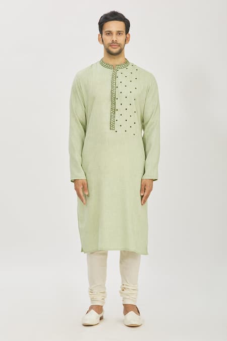 Buy_Priyanka Haralalka_Green Cotton Satin Cord Work Embroidered Kurta And Churidar Pant Set _Online_at_Aza_Fashions