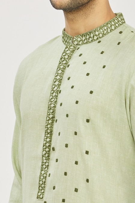 Priyanka Haralalka_Green Cotton Satin Cord Work Embroidered Kurta And Churidar Pant Set _at_Aza_Fashions