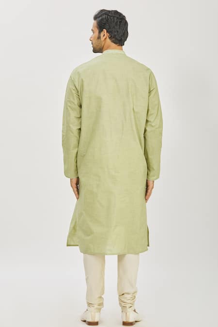 Shop Priyanka Haralalka Green Handloom Cotton Zardozi Embroidered Angrakha Kurta And Churidar Pant Set at Aza Fashions Shop_Priyanka Haralalka_Green Handloom Cotton Zardozi Embroidered Angrakha Kurta And Churidar Pant Set _at_Aza_Fashions