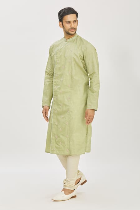 Priyanka Haralalka Green Handloom Cotton Zardozi Embroidered Angrakha Kurta And Churidar Pant Set Online at Aza Fashions Priyanka Haralalka_Green Handloom Cotton Zardozi Embroidered Angrakha Kurta And Churidar Pant Set _Online_at_Aza_Fashions