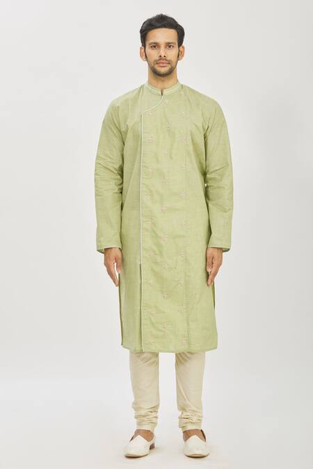 Buy Priyanka Haralalka Green Handloom Cotton Zardozi Embroidered Angrakha Kurta And Churidar Pant Set Online at Aza Fashions Buy_Priyanka Haralalka_Green Handloom Cotton Zardozi Embroidered Angrakha Kurta And Churidar Pant Set _Online_at_Aza_Fashions