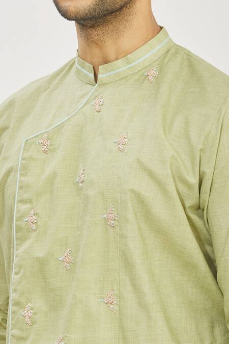 Priyanka Haralalka Green Handloom Cotton Zardozi Embroidered Angrakha Kurta And Churidar Pant Set at Aza Fashions Priyanka Haralalka_Green Handloom Cotton Zardozi Embroidered Angrakha Kurta And Churidar Pant Set _at_Aza_Fashions