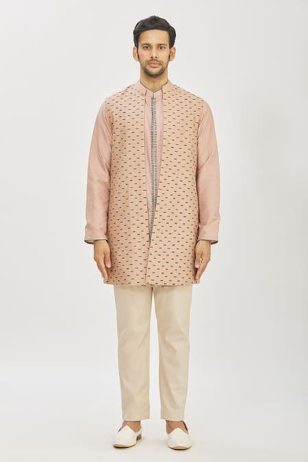 Priyanka Haralalka Pink Banarasi Cotton Silk Thread Work Embroidered Jacket Kurta Set Online at Aza Fashions Priyanka Haralalka_Pink Banarasi Cotton Silk Thread Work Embroidered Jacket Kurta Set _Online_at_Aza_Fashions