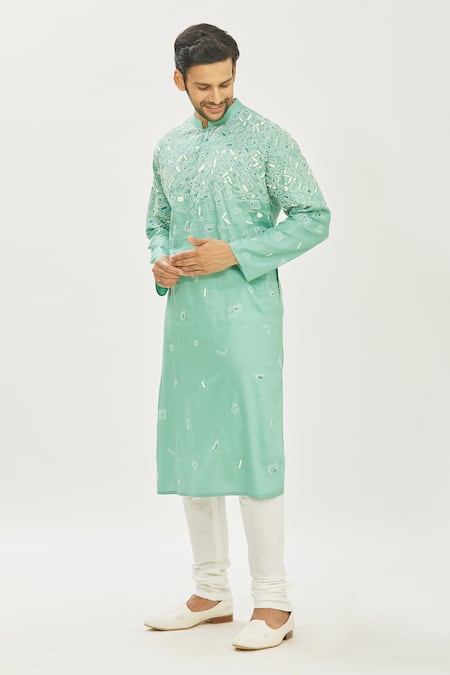 Priyanka Haralalka Green Handloom Cotton French Knot Embroiderey Kurta And Churidar Pant Set Online at Aza Fashions Priyanka Haralalka_Green Handloom Cotton French Knot Embroiderey Kurta And Churidar Pant Set _Online_at_Aza_Fashions