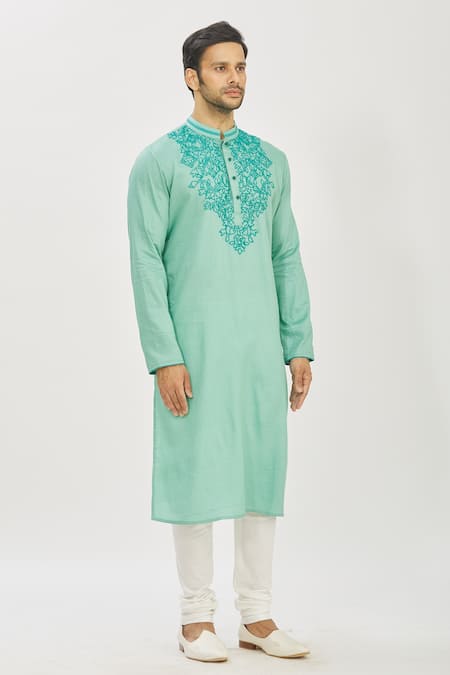 Priyanka Haralalka_Blue Cotton Satin French Knot Embroiderey Kurta And Churidar Pant Set _Online_at_Aza_Fashions