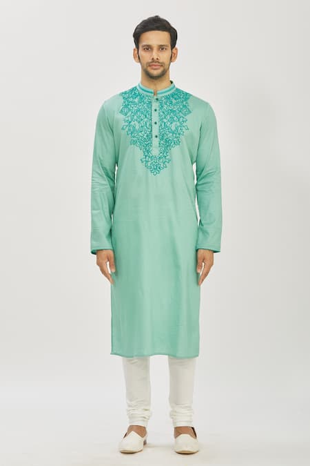 Buy_Priyanka Haralalka_Blue Cotton Satin French Knot Embroiderey Kurta And Churidar Pant Set _Online_at_Aza_Fashions