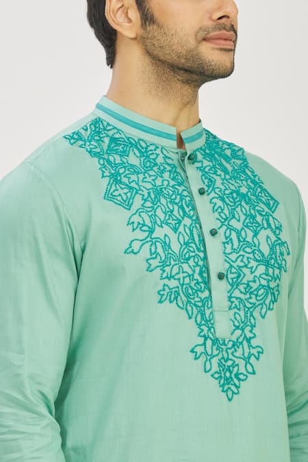 Priyanka Haralalka_Blue Cotton Satin French Knot Embroiderey Kurta And Churidar Pant Set _at_Aza_Fashions