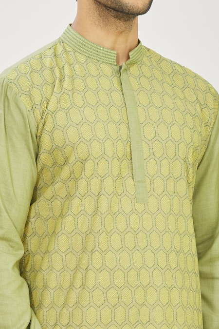 Shop_Priyanka Haralalka_Green Handloom Cotton Hand Embroidered Kantha Work And Churidar Pant Set _Online_at_Aza_Fashions