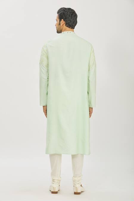 Shop Priyanka Haralalka Green Banarasi Cotton Silk Bead Work, Embroidered Kurta And Churidar Pant Set at Aza Fashions Shop_Priyanka Haralalka_Green Banarasi Cotton Silk Bead Work, Embroidered Kurta And Churidar Pant Set _at_Aza_Fashions