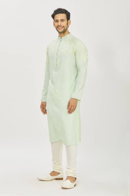 Priyanka Haralalka Green Banarasi Cotton Silk Bead Work, Embroidered Kurta And Churidar Pant Set Online at Aza Fashions Priyanka Haralalka_Green Banarasi Cotton Silk Bead Work, Embroidered Kurta And Churidar Pant Set _Online_at_Aza_Fashions