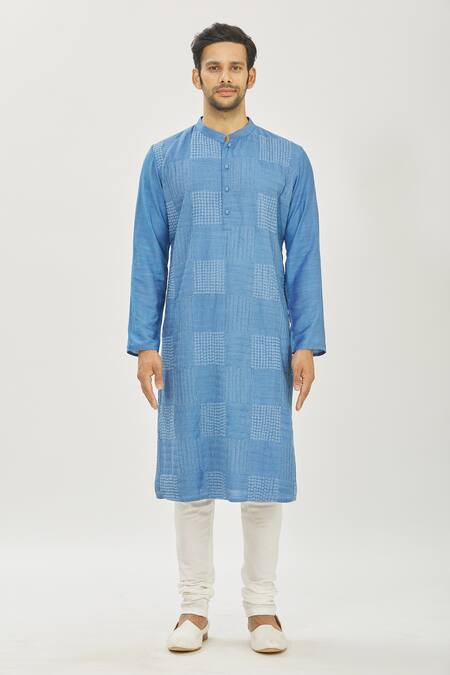 Buy_Priyanka Haralalka_Blue Bhagalpur Kantha Work Embroidered Kurta And Churidar Pant Set _Online_at_Aza_Fashions