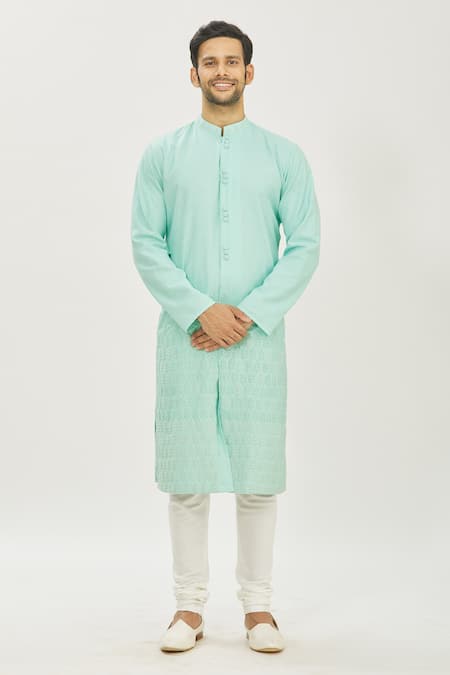 Priyanka Haralalka_Green Cotton Tussar Bead Work, Sequins, Embroidered Kurta And Churidar Pant Set_Online_at_Aza_Fashions