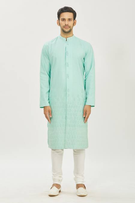 Buy_Priyanka Haralalka_Green Cotton Tussar Bead Work, Sequins, Embroidered Kurta And Churidar Pant Set_Online_at_Aza_Fashions