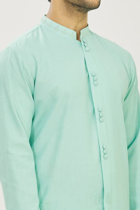 Priyanka Haralalka_Green Cotton Tussar Bead Work, Sequins, Embroidered Kurta And Churidar Pant Set_at_Aza_Fashions