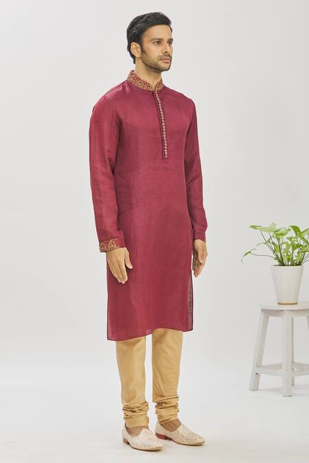 Mapxencars_Maroon Silk Floral, Zardozi Embroidered Kurta Set_Online_at_Aza_Fashions