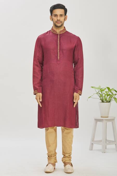 Buy_Mapxencars_Maroon Silk Floral, Zardozi Embroidered Kurta Set_Online_at_Aza_Fashions