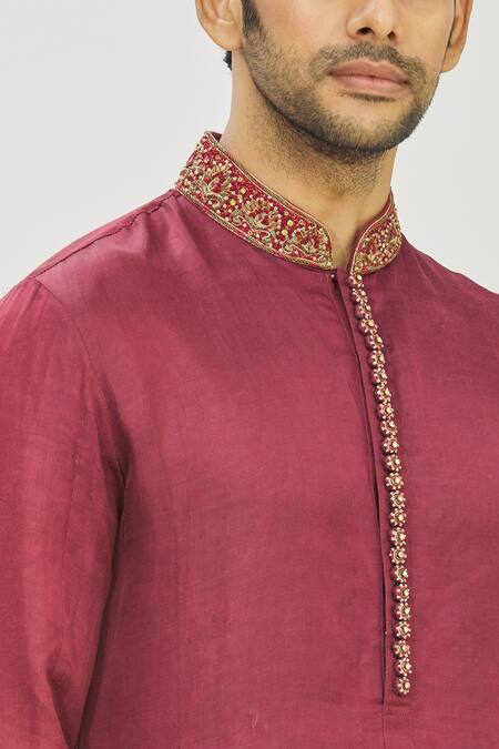 Shop_Mapxencars_Maroon Silk Floral, Zardozi Embroidered Kurta Set_Online_at_Aza_Fashions