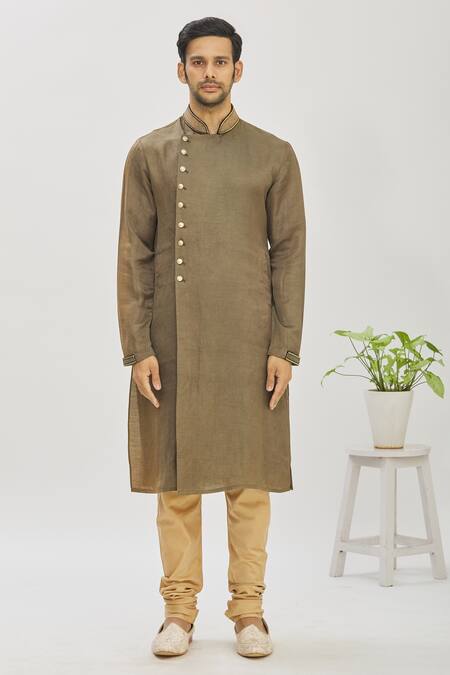 Buy_Mapxencars_Brown Silk Plain Overlap Kurta Set_Online_at_Aza_Fashions