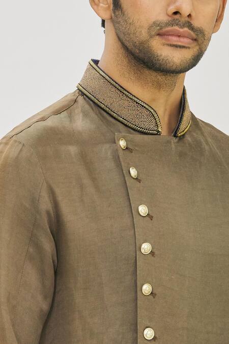 Mapxencars_Brown Silk Plain Overlap Kurta Set_at_Aza_Fashions