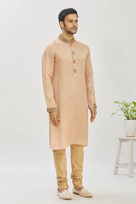 Mapxencars_Pink Silk Plain Embroidered Kurta Set_Online_at_Aza_Fashions
