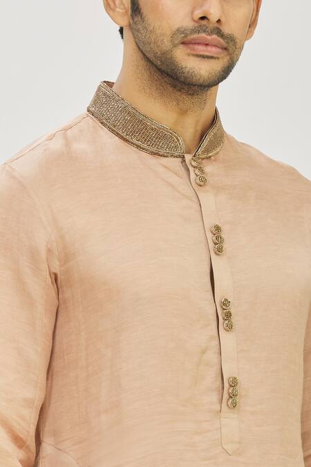 Mapxencars_Pink Silk Plain Embroidered Kurta Set_at_Aza_Fashions