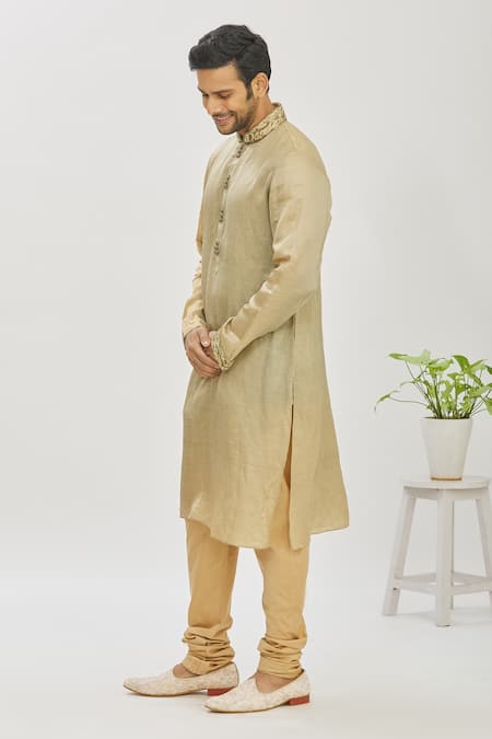 Mapxencars_Green Silk Plain Embroidered Kurta Set_Online_at_Aza_Fashions