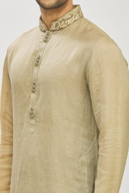 Mapxencars_Green Silk Plain Embroidered Kurta Set_at_Aza_Fashions