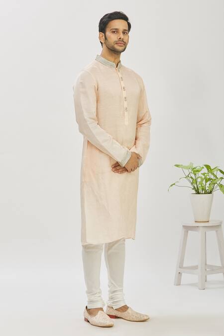 Mapxencars_Peach Silk Plain Embroidered Kurta Set_Online_at_Aza_Fashions