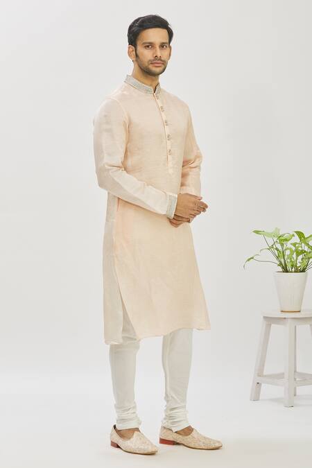 Buy_Mapxencars_Peach Silk Plain Embroidered Kurta Set_Online_at_Aza_Fashions