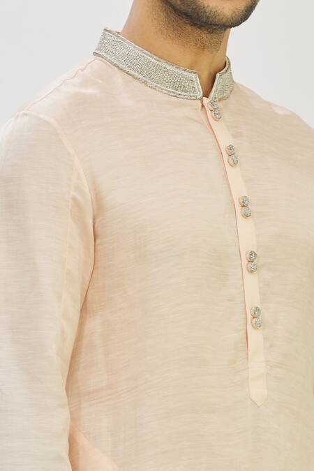 Shop_Mapxencars_Peach Silk Plain Embroidered Kurta Set_Online_at_Aza_Fashions