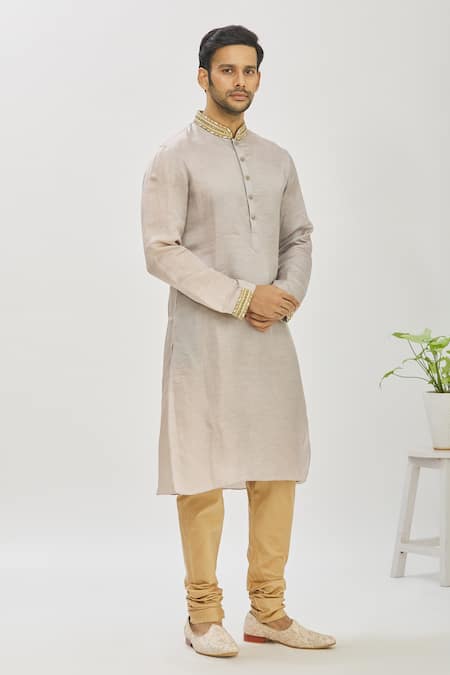 Mapxencars_Grey Silk Plain Zardozi Embroidered Kurta Set_Online_at_Aza_Fashions