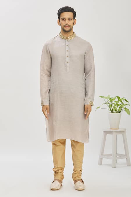 Buy_Mapxencars_Grey Silk Plain Zardozi Embroidered Kurta Set_Online_at_Aza_Fashions