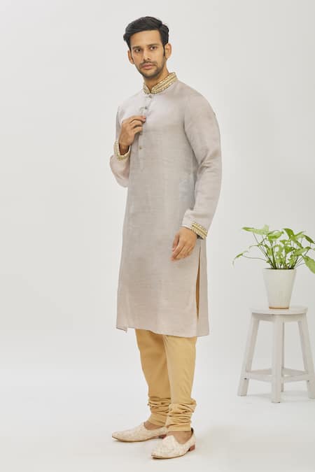 Shop_Mapxencars_Grey Silk Plain Zardozi Embroidered Kurta Set_Online_at_Aza_Fashions