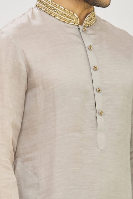 Mapxencars_Grey Silk Plain Zardozi Embroidered Kurta Set_at_Aza_Fashions