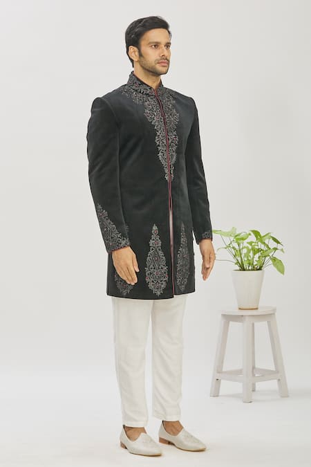 Mapxencars_Black Velvet Floral Embroidered Bandhgala And Pant Set_Online_at_Aza_Fashions