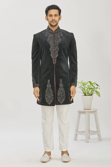 Buy_Mapxencars_Black Velvet Floral Embroidered Bandhgala And Pant Set_Online_at_Aza_Fashions