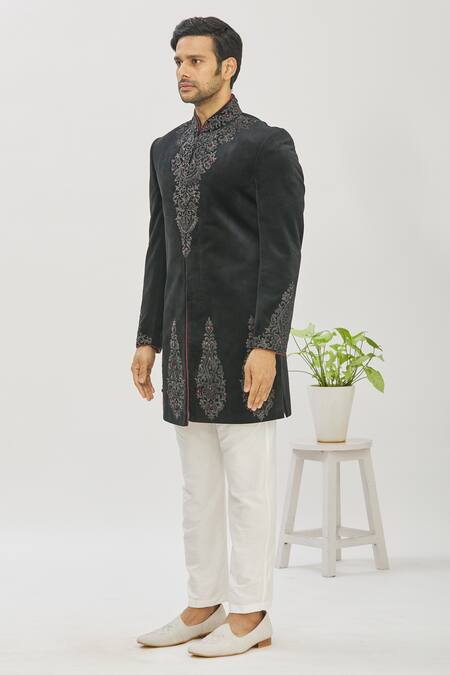 Shop_Mapxencars_Black Velvet Floral Embroidered Bandhgala And Pant Set_Online_at_Aza_Fashions