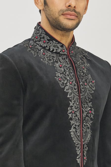 Mapxencars_Black Velvet Floral Embroidered Bandhgala And Pant Set_at_Aza_Fashions