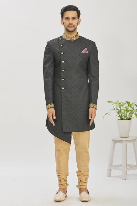 Mapxencars_Black Silk Floral Zardozi Embroidered Sherwani Set_Online_at_Aza_Fashions