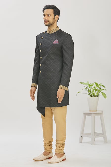 Buy_Mapxencars_Black Silk Floral Zardozi Embroidered Sherwani Set_Online_at_Aza_Fashions
