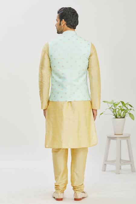 Shop_Seirra Thakur_Blue Silk Woven Floral Bundi_at_Aza_Fashions