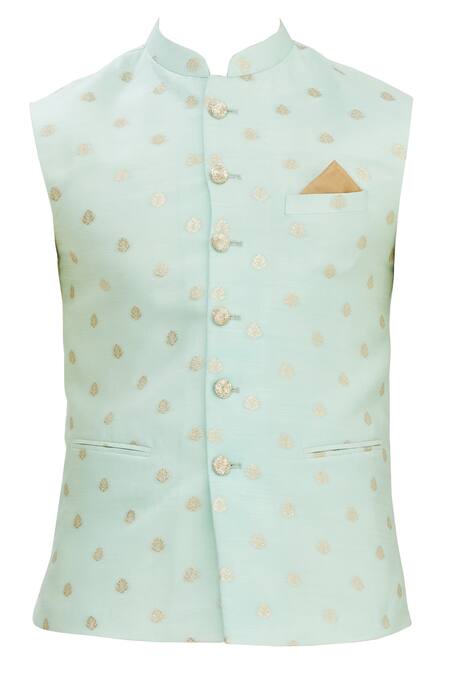 Shop_Seirra Thakur_Blue Silk Woven Floral Bundi_Online_at_Aza_Fashions