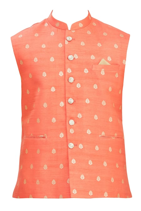 Buy_Seirra Thakur_Peach Silk Woven Floral Bundi_Online_at_Aza_Fashions